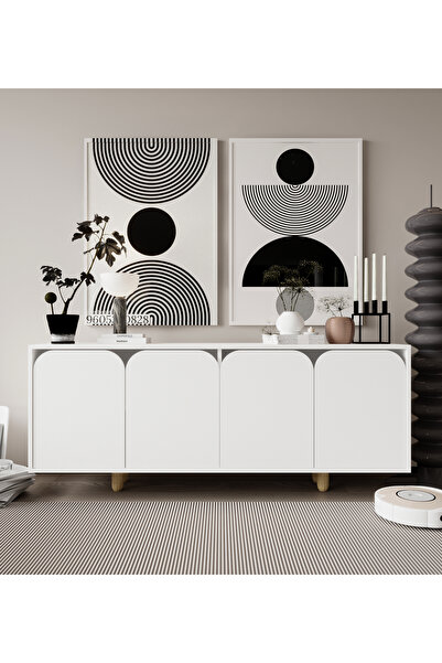 VM VERTEX MOBİLYA Lazio Bohem Ahşap Ayaklı Modern Konsol 180 Cm Beyaz