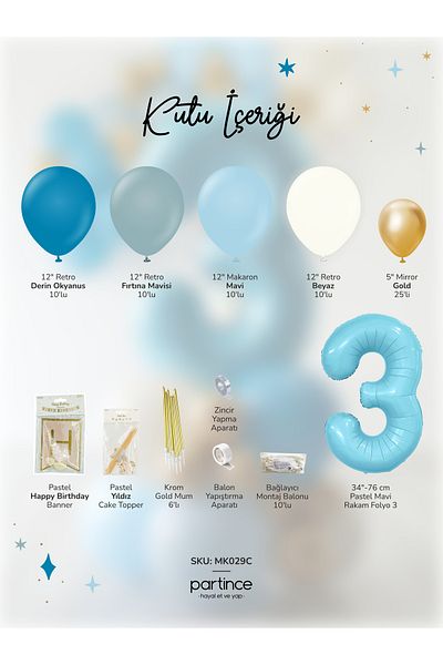 partince Σετ πάρτι 3 ετών Bubble Birthday Balloon Chain Mini Pastel Blue