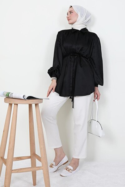 giz astore Gizli Düğmeli Saten Gömlek Siyah