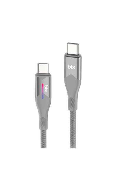 Bix Type-c To Type-c 60w Örgülü Led Işıklı Şarj Ve Data Kablosu 1 Metre Gri