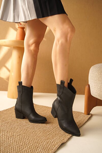 Afilli Жіночі чорні матові черевики з гострим носком, товстим коротким каблуком, стильні західні ковбойські зимові черевики