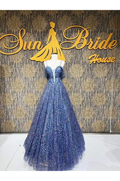 MODA Lacivert  V Yaka Taş Detaylı Isıltılı Simli Tül Nişanlık Abiye