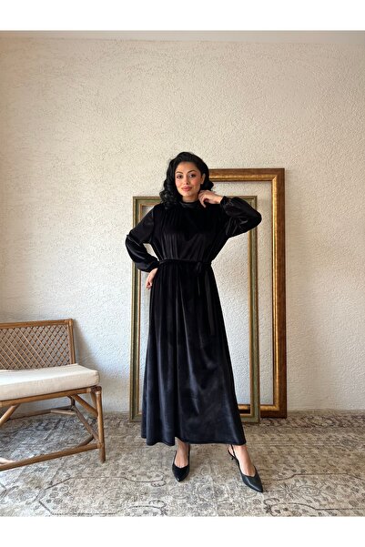 KÜÇÜĞÜM BUTİK Μαύρο μακρύ βελούδινο φόρεμα