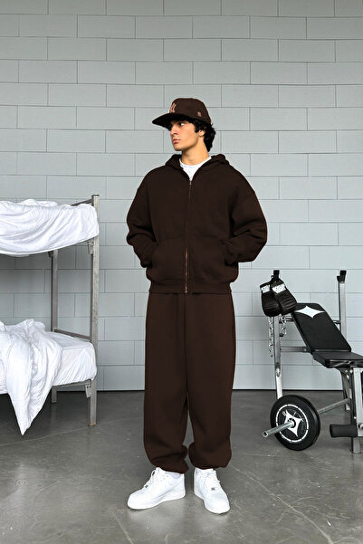 BayBayan Ανδρική καφέ ζακέτα με φερμουάρ, τσέπη καγκουρό και κουκούλα, 3 κλωσ...