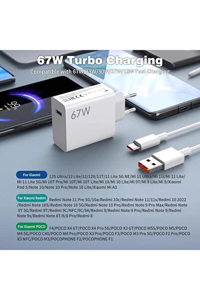 starefsane Redmi ve Mi 10/11t/12/13/13t/14/14 Turbo Hızlı Saniye Özellikli 67w Usb Type-C Şarj Cihazı