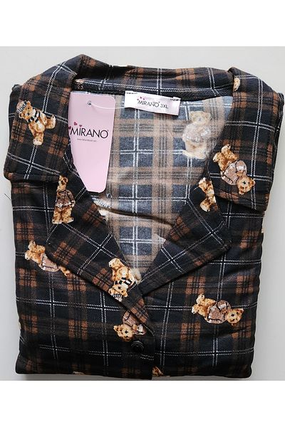 Mirano Battal Size Black Suede Pajama Set - Buttoned Plaid Pattern