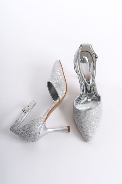 Shoesers Women's Special Design Ankle Strap Silver Crocodile Evening Dress Heels