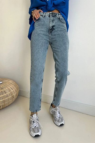 JILLY Blugi Mom Star Indigo cu talie înaltă - Croială Boyfriend albastru denim