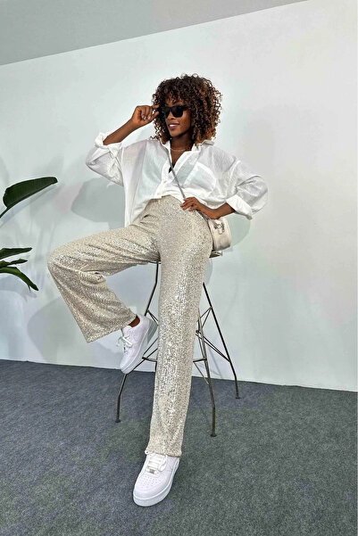 Qaju Γυναικείο φαρδύ παντελόνι με ελαστική μέση και πούλιες