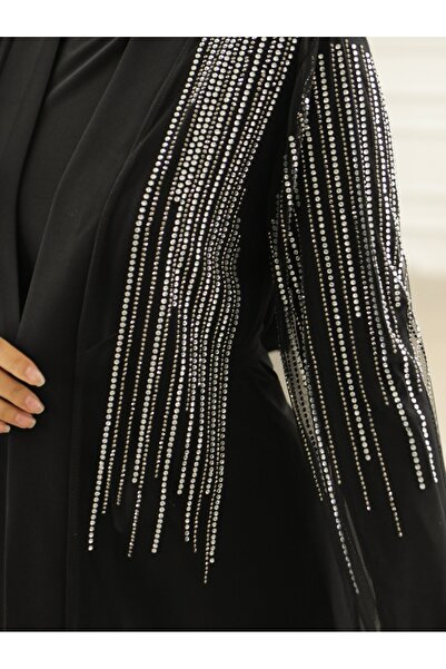 Modamorfo Taş Detaylı Kuşaklı Ikili Abaya Takım -siyah