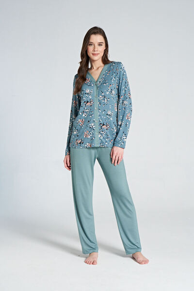 Pijadore Set de pijamale cu mânecă lungă, cu imprimeu floral, cu nasturi în față