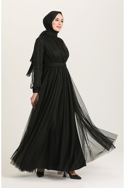 sefamerve Schwarzes Perlen-Abendkleid – 5514-07