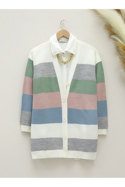 Modamorfo Bunt gestreifter Strick-Cardigan – Puder