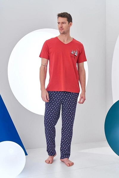 PJS 24307 Ανδρικό σετ πιτζάμες με κοντό μανίκι πανί με λαιμόκοψη σε V λαιμόκοψη
