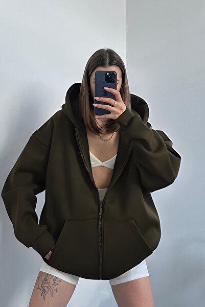 YAKAMEL Дамски каки кардиган с големи джобове тип кенгуру и цип