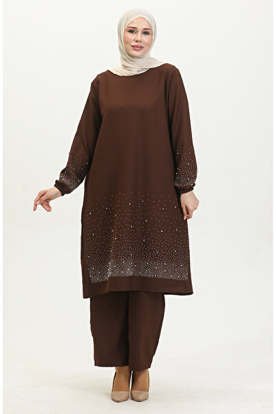 sefamerve Taş Baskılı Araboy Abiye Tunik Pantolon İkili Takım 0409-02 Kahverengi
