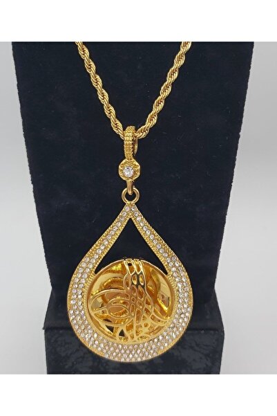 barisiva gold 22 Ayar Altın Kaplama Zirkon Taşlı Tuğralı Damla Model Kolye