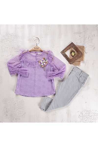 Elayza Gabardin Double Suit with Pant, Bluzu Tular Garni