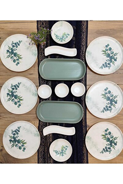 Keramika Okaliptus Nordıc kahvaltı takımı  6 kişilik 15 parça mat yeşil