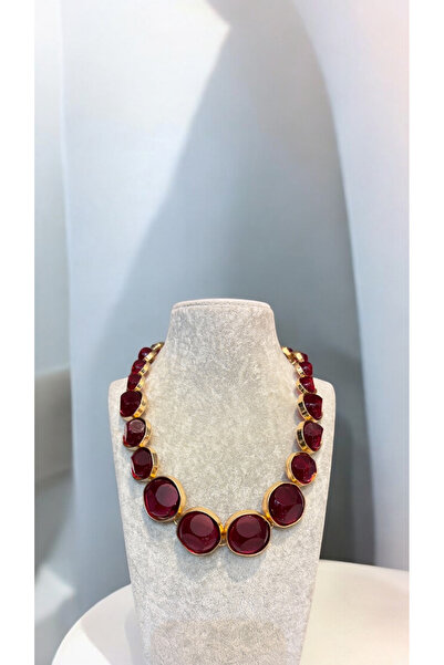 Yaseminli Butik Özel Seri Gold Kenarlı Bordo Yuvarlak Taşlı Kolye