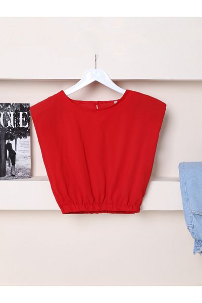 Modamorfo Elastic Waist Blouse with Padded Shoulders -Red