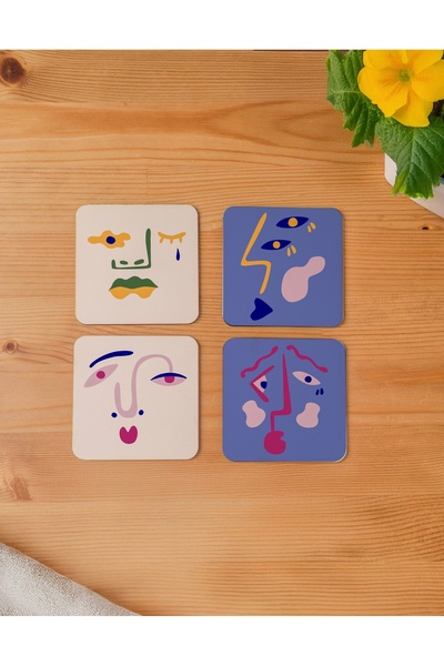 arslart طقم قواعد أكواب خشبية بتصميم وجه تجريدي بسيط من ورشة العمل مكون من 4 ...