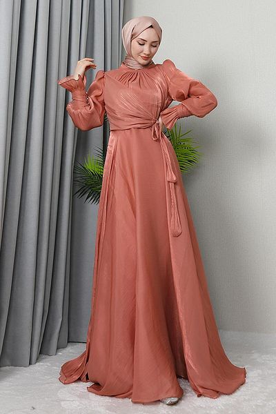 GİZ AGİYİM Coral Silk Evening Dress - Bow Detail