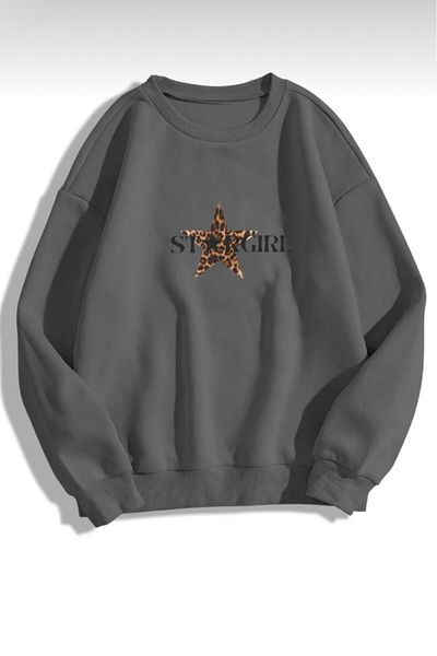 NO 601 Hanorac de iarnă fără glugă, cu imprimeu Stargirl, cu leopard, cu gâtul turn