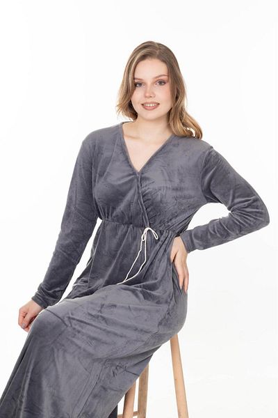 mervemoda Γυναικείο γκρι μακρύ βελούδινο φόρεμα με διπλό γιακά