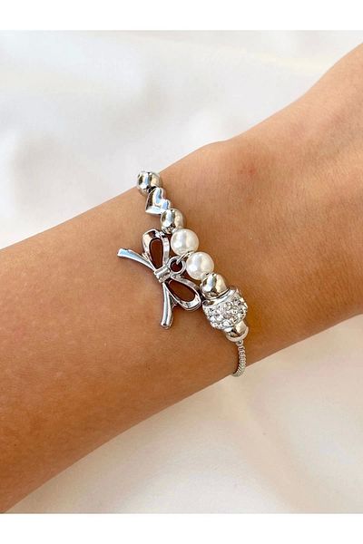 Eylülün Takısı Women's Silver Color Pearl Bow Multiple Charm Bracelet