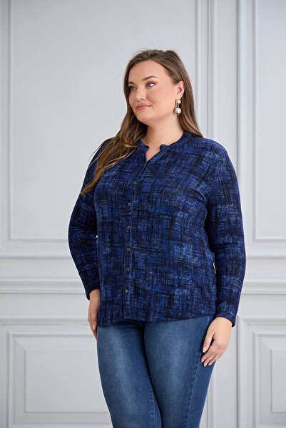Butik Ayseba Kadın Lacivert Yumoş Kumaş Kışlık Büyük Beden Anne Gömlek Bluz