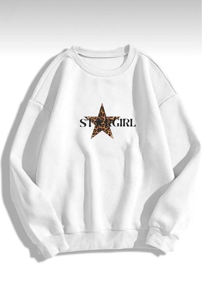 NO 601 Women's White Leopard Stargirl Printed Crew Neck Hoodless Winter Sweatshirt