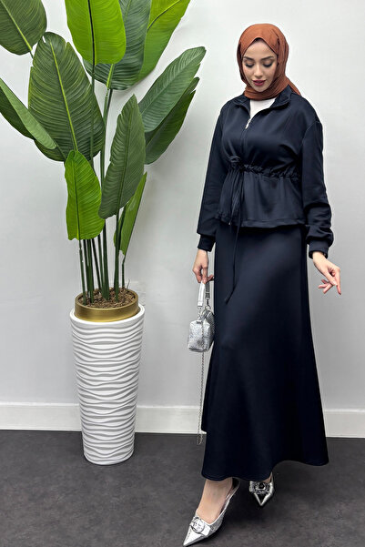 Tesettür Diyarı Kadın Beli Bağcık Detaylı Etekli Takım - Lacivert