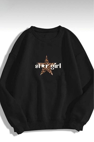 NO 601 Hanorac de iarnă fără glugă, cu imprimeu Stargirl, leopard negru, pentru femei