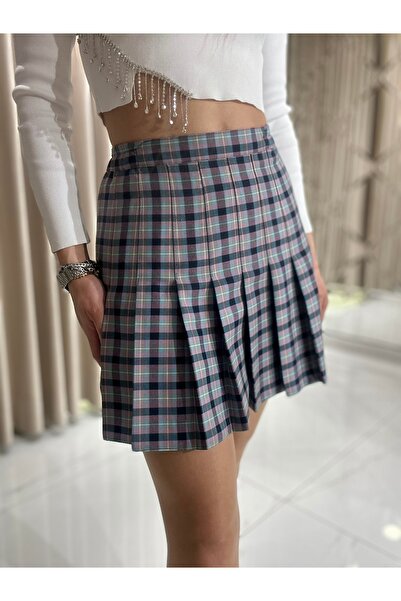 Kaleiçi Yıldızlar Pileli Ekoseli Etek 991