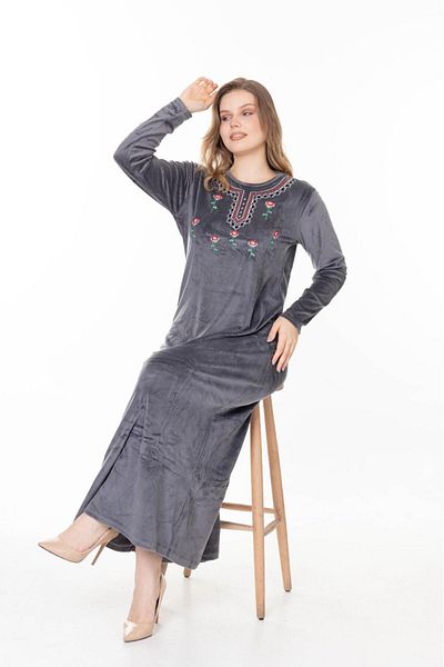 mervemoda Hijab Velvet Dress - Collar Embroidery Detailed