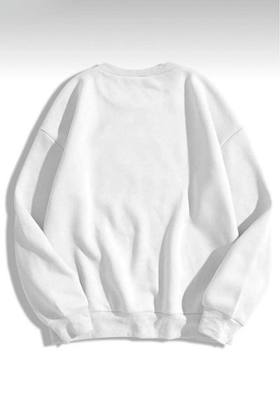 NO 601 Women's White Leopard Stargirl Printed Crew Neck Hoodless Winter Sweatshirt