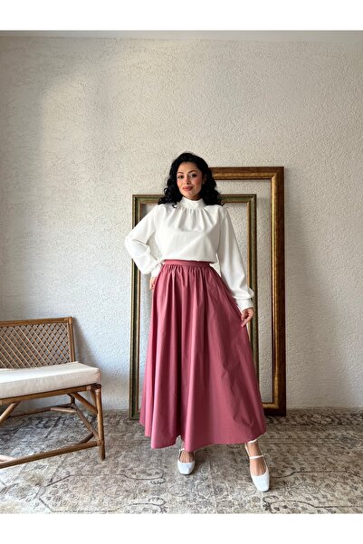 KÜÇÜĞÜM BUTİK Gül Kurusu Kloş Büzgülü Poplin Etek