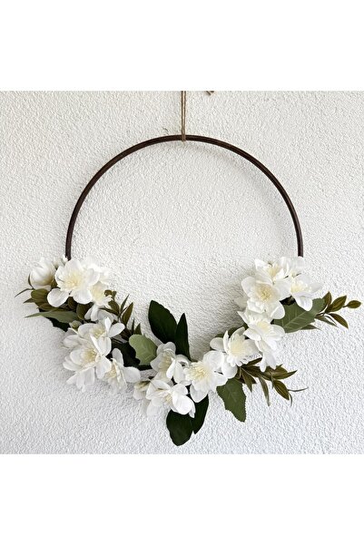 STDEKOR Beyaz Yasemin Çiçekli Kapı Süsü 30cm, Ceviz