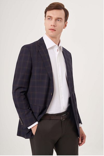 Bisse Men's 6 Drop Mono Collar Double Slit Jacket Navy Blue