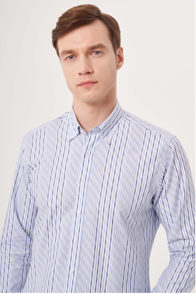 Bisse Regular Fit Uzun Kollu Mavi Çizgili Spor Erkek Gömlek
