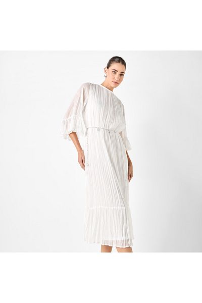 Iconic Textured Midi Dress With Round Neck And 3/4 Sleeves