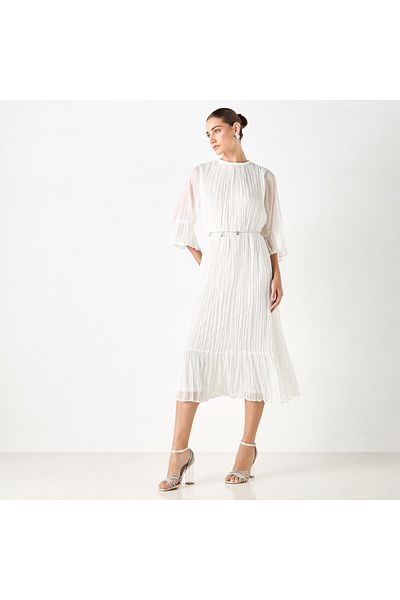 Iconic Textured Midi Dress With Round Neck And 3/4 Sleeves