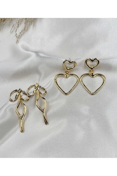 Eylülün Takısı Women's Gol Color 2 Pairs Dangle Heart and Bow Earrings