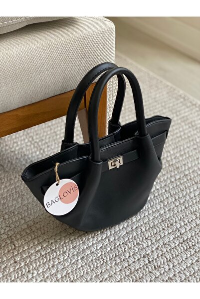 BAGLOVİS Mini Size Black Women's Shoulder Bag with Front Lock Detail
