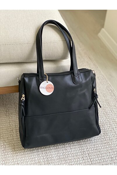 BAGLOVİS Large Salaş Black Women's Shoulder Bag with Zipper Edges