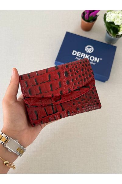DERKON Red Melen Genuine Leather Women's Wallet with Crocodile Pattern - Size to Fit