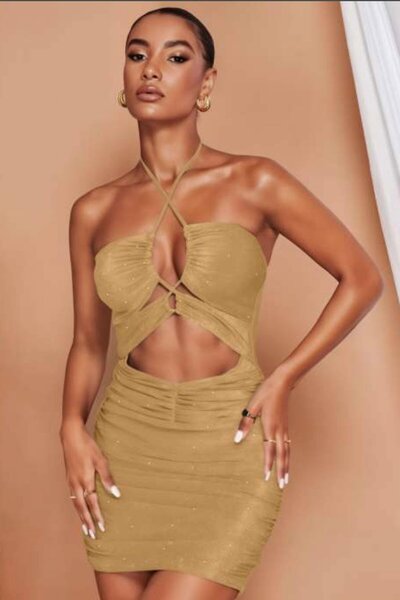 Hipo Trend Dekolteli Simli Fantazi Gold Elbise