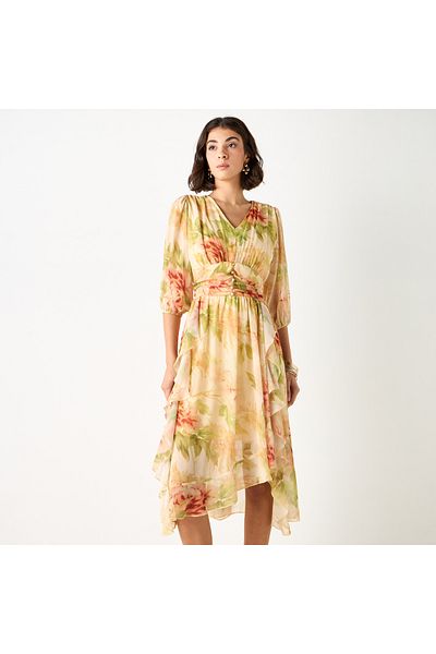 2Xtremz Floral Print Midi Ruffle Dress With Pleat Detail
