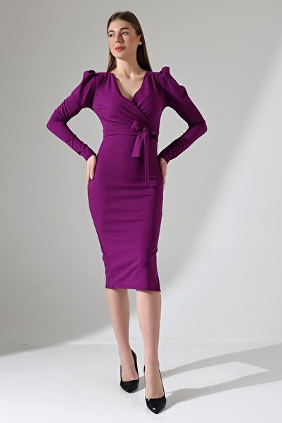 Deafox Mürdüm Rengi Kruvaze Yaka Kuşaklı Yırtmaç Detay Uzun Kol İthal Krep Ku...